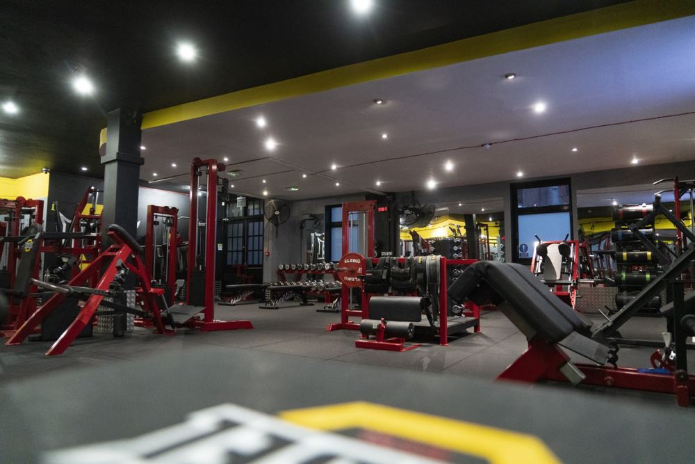 Rebel Gym training floor with red racks and free weights